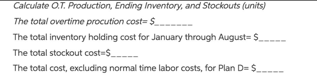 Calculate O.T. Production, Ending Inventory, and Stockouts (units) The total overtime procution cost= $_____