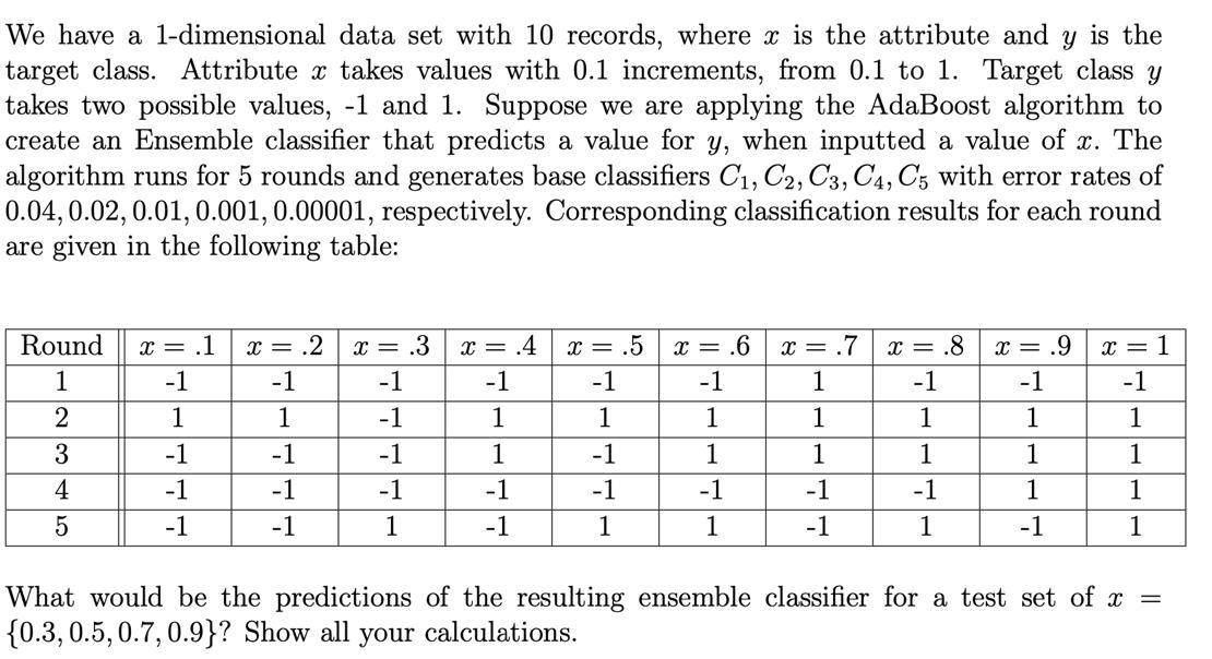 We have a 1-dimensional data set with 10 records, where x is the attribute and y is the target class.