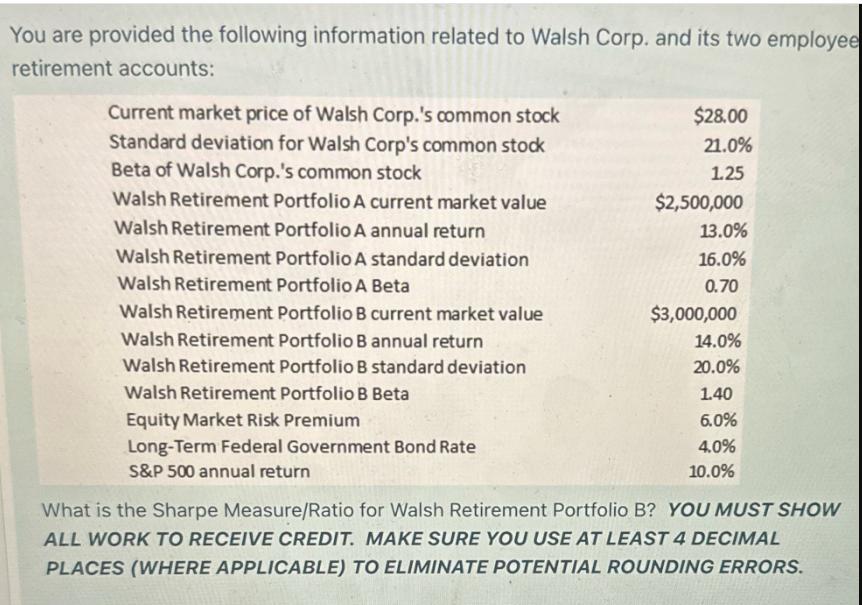 You are provided the following information related to Walsh Corp. and its two employee retirement accounts: