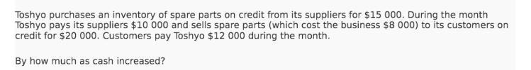 Toshyo purchases an inventory of spare parts on credit from its suppliers for $15 000. During the month
