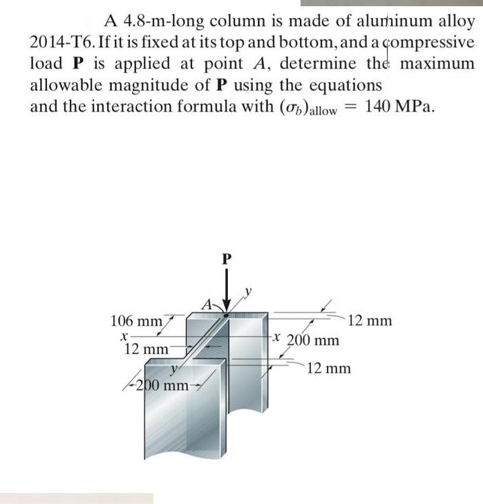 A 4.8-m-long column is made of aluminum alloy 2014-T6. If it is fixed at its top and bottom, and a