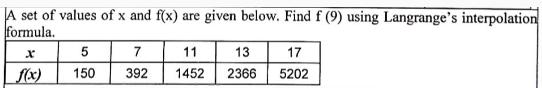 A set of values of x and f(x) are given below. Find f (9) using Langrange's interpolation formula. X f(x) 5