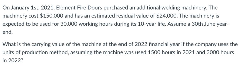 On January 1st, 2021, Element Fire Doors purchased an additional welding machinery. The machinery cost