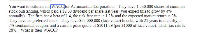 You want to estimate the WACC for Acromantula Corporation. They have 1,250,000 shares of common stock
