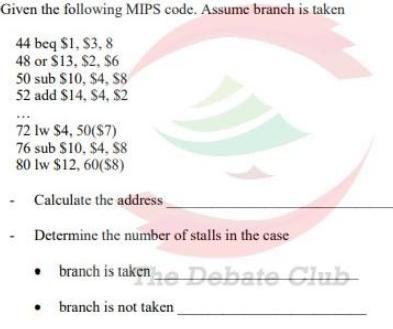 Given the following MIPS code. Assume branch is taken 44 beq $1, S3, 8 48 or $13, $2, $6 50 sub $10, $4, $8