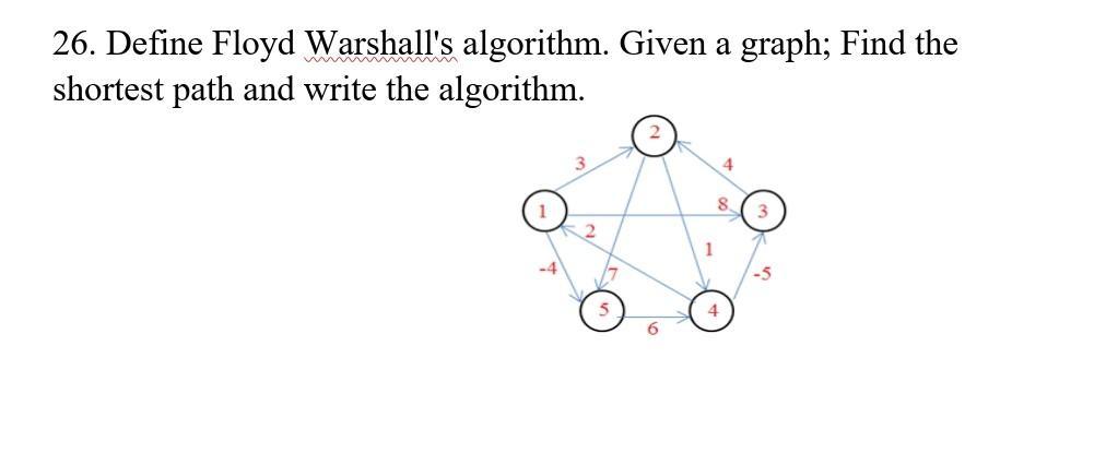 26. Define Floyd Warshall's algorithm. Given a graph; Find the shortest path and write the algorithm.