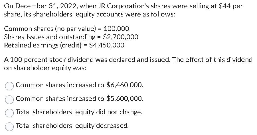 On December 31, 2022, when JR Corporation's shares were selling at $44 per share, its shareholders' equity