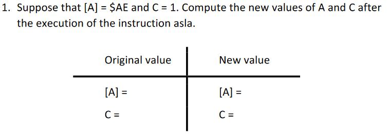 1. Suppose that [A] = $AE and C=1. Compute the new values of A and C after the execution of the instruction