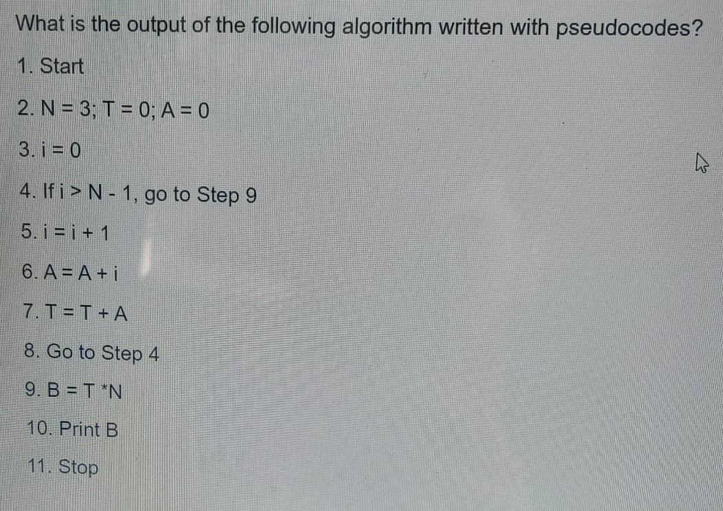 What is the output of the following algorithm written with pseudocodes? 1. Start 2. N= 3; T = 0; A = 0 3. i =