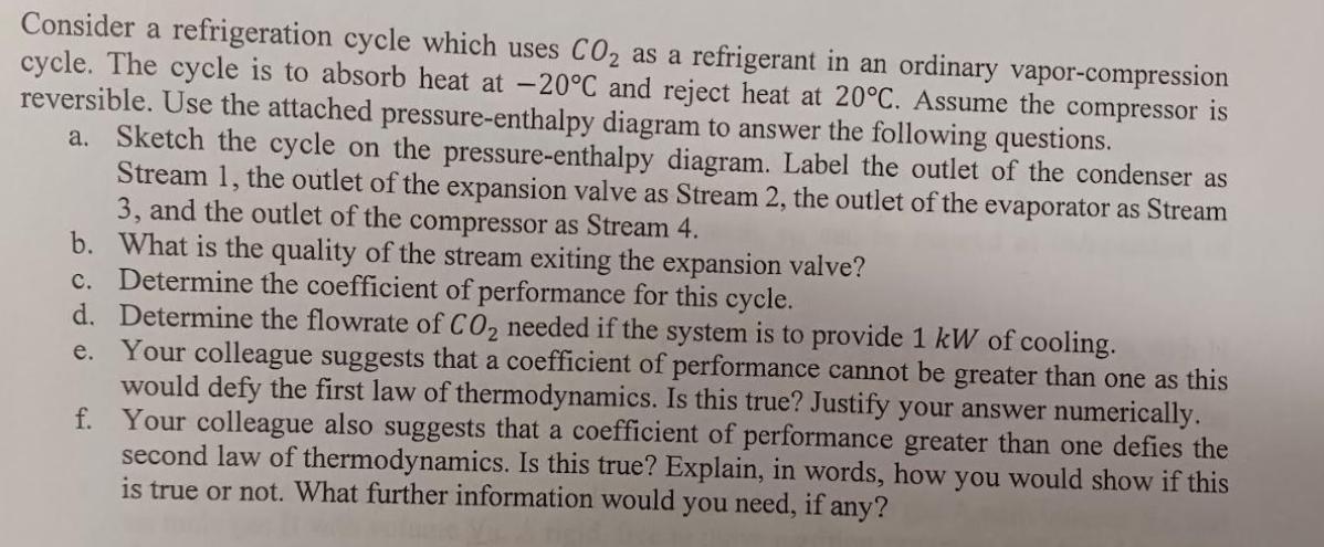 Consider a refrigeration cycle which uses CO as a refrigerant in an ordinary vapor-compression cycle. The