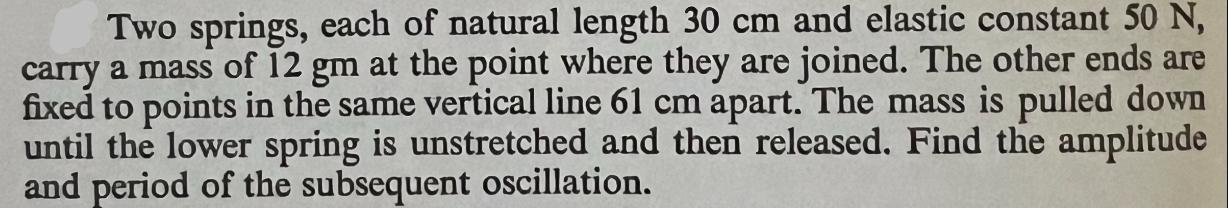 Two springs, each of natural length 30 cm and elastic constant 50 N, carry a mass of 12 gm at the point where