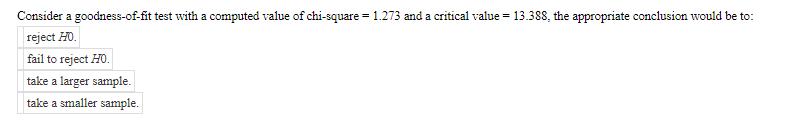 Consider a goodness-of-fit test with a computed value of chi-square = 1.273 and a critical value = 13.388,