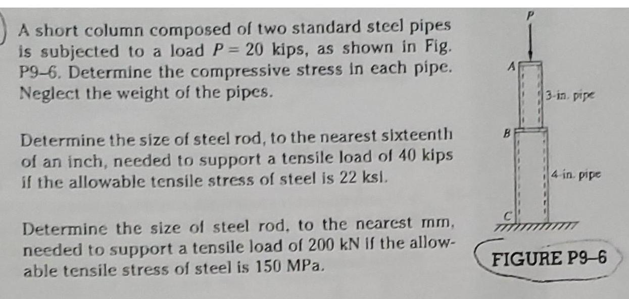 A short column composed of two standard steel pipes is subjected to a load P= 20 kips, as shown in Fig. P9-6.