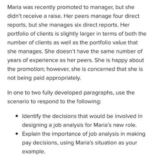 Maria was recently promoted to manager, but she didn't receive a raise. Her peers manage four direct reports,