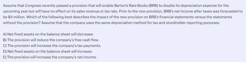 Assume that Congress recently passed a provision that will enable Barton's Rare Books (BRB) to double its