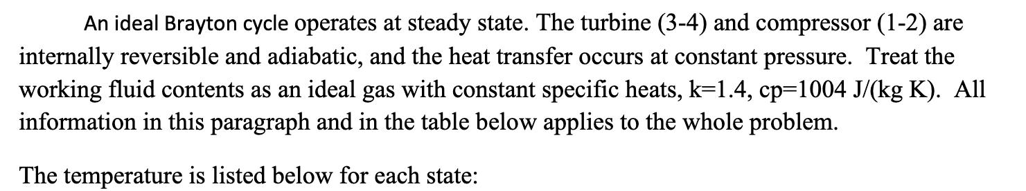 An ideal Brayton cycle operates at steady state. The turbine (3-4) and compressor (1-2) are internally