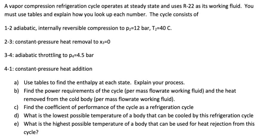A vapor compression refrigeration cycle operates at steady state and uses R-22 as its working fluid. You must