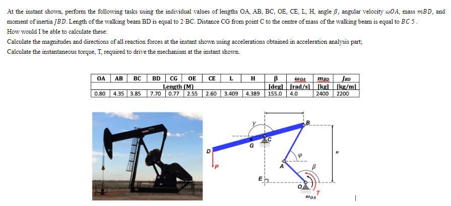 At the instant shown, perform the following tasks using the individual values of lengths OA, AB, BC, OE, CE,