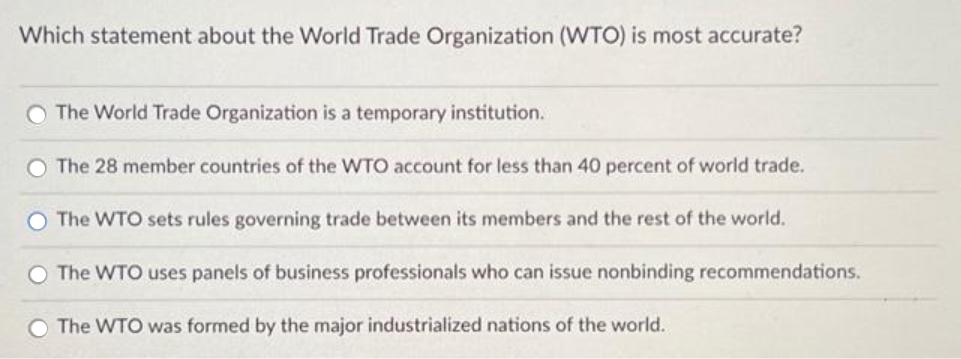 Which statement about the World Trade Organization (WTO) is most accurate? The World Trade Organization is a