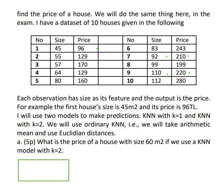 find the price of a house. We will do the same thing here, in the exam. I have a dataset of 10 houses given