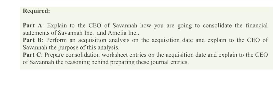 Required: Part A: Explain to the CEO of Savannah how you are going to consolidate the financial statements of