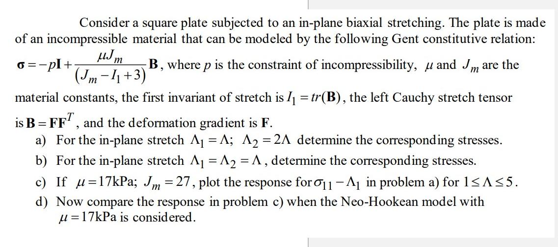Consider a square plate subjected to an in-plane biaxial stretching. The plate is made of an incompressible