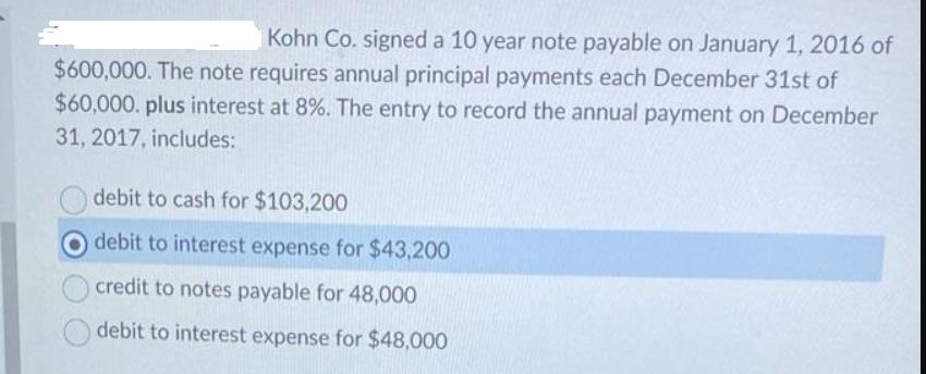 Kohn Co. signed a 10 year note payable on January 1, 2016 of $600,000. The note requires annual principal