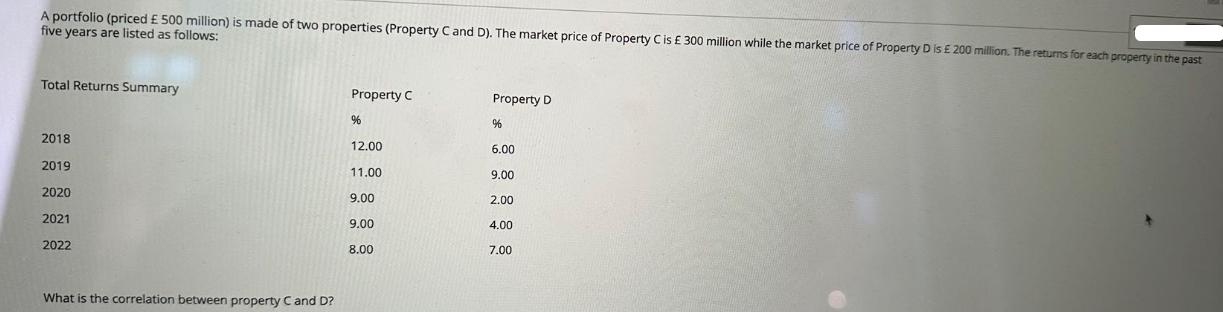 A portfolio (priced  500 million) is made of two properties (Property C and D). The market price of Property