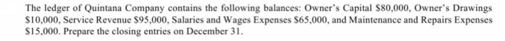 The ledger of Quintana Company contains the following balances: Owner's Capital $80,000, Owner's Drawings