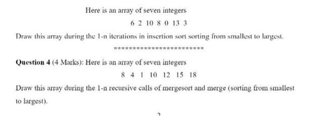 Here is an array of seven integers 6 2 10 80 13 3 Draw this array during the 1-n iterations in insertion sort