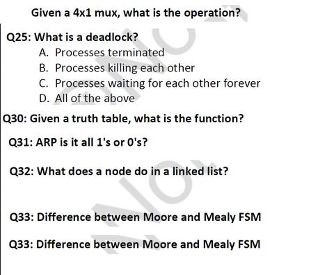 Given a 4x1 mux, what is the operation? Q25: What is a deadlock? A. Processes terminated B. Processes killing