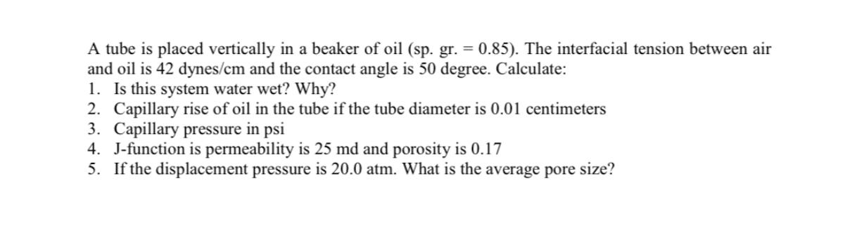 A tube is placed vertically in a beaker of oil (sp. gr. = 0.85). The interfacial tension between air and oil