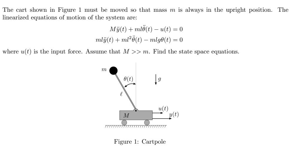The cart shown in Figure 1 must be moved so that mass m is always in the upright position. The linearized