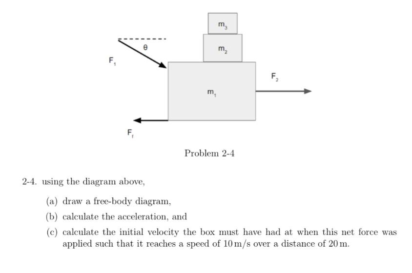 F F e 2-4. using the diagram above, m 3 m, m Problem 2-4 F (a) draw a free-body diagram, (b) calculate the