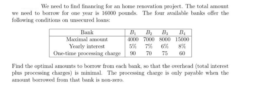 We need to find financing for an home renovation project. The total amount we need to borrow for one year is