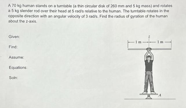 A 70 kg human stands on a turntable (a thin circular disk of 260 mm and 5 kg mass) and rotates a 5 kg slender