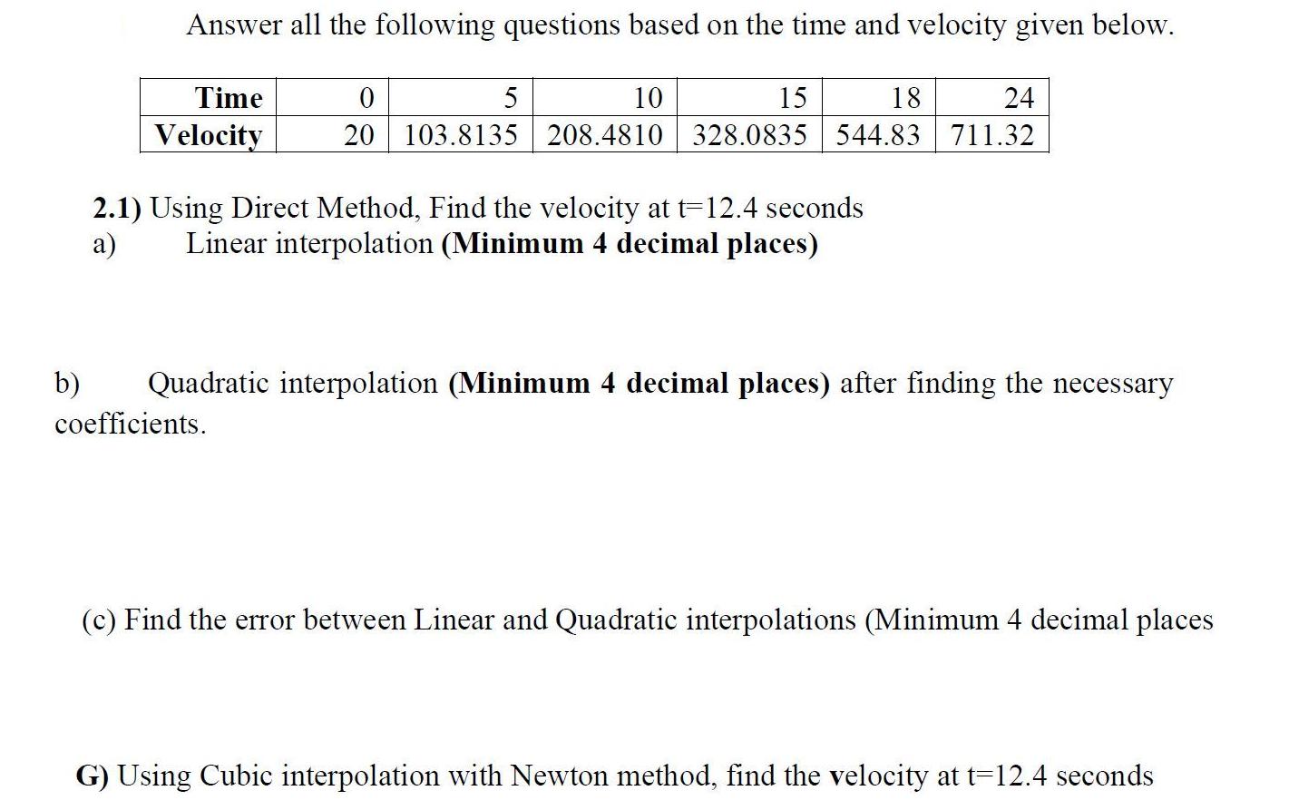 b) Answer all the following questions based on the time and velocity given below. Time Velocity 0 5 10 15 18