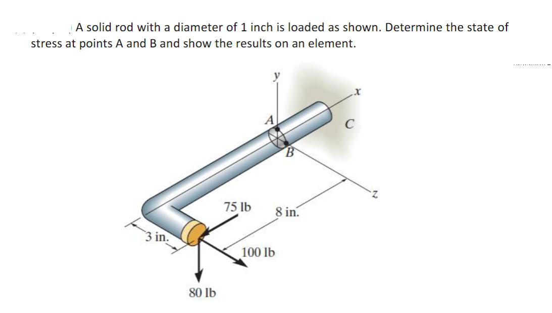 A solid rod with a diameter of 1 inch is loaded as shown. Determine the state of stress at points A and B and
