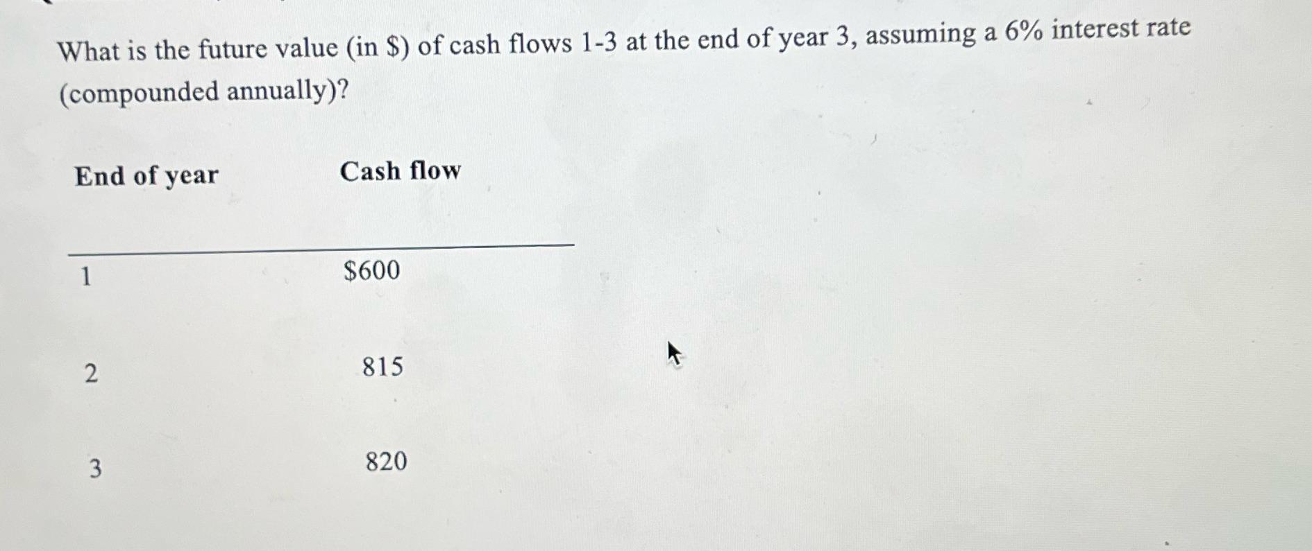 What is the future value (in $) of cash flows 1-3 at the end of year 3, assuming a 6% interest rate