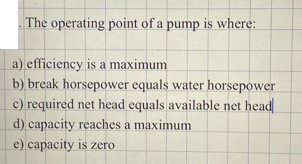 The operating point of a pump is where: a) efficiency is a maximum b) break horsepower equals water