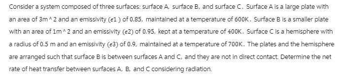 Consider a system composed of three surfaces: surface A, surface B, and surface C. Surface A is a large plate