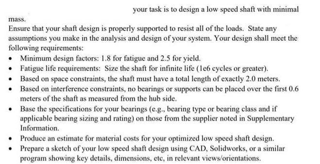 your task is to design a low speed shaft with minimal mass. Ensure that your shaft design is properly