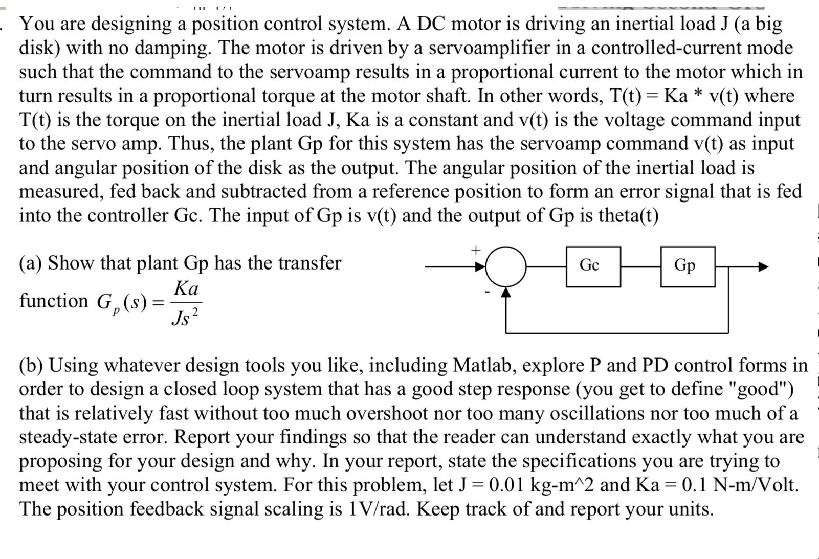 111 1/1 You are designing a position control system. A DC motor is driving an inertial load J (a big disk)