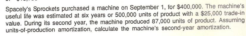 Spacely's Sprockets purchased a machine on September 1, for $400,000. The machine's useful life was estimated