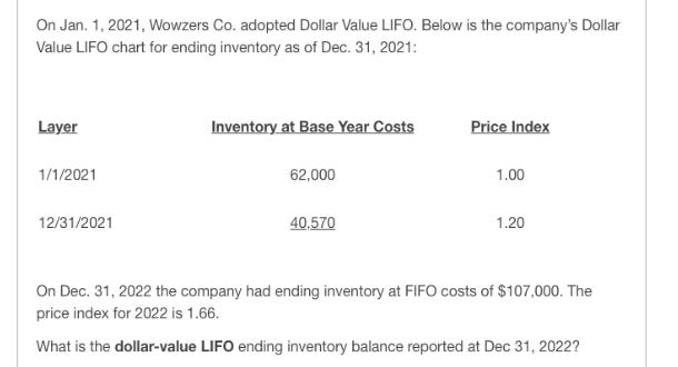 On Jan. 1, 2021, Wowzers Co. adopted Dollar Value LIFO. Below is the company's Dollar Value LIFO chart for