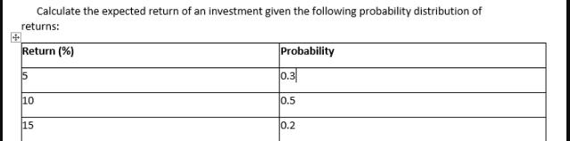 returns: + Return (%) 15 Calculate the expected return of an investment given the following probability