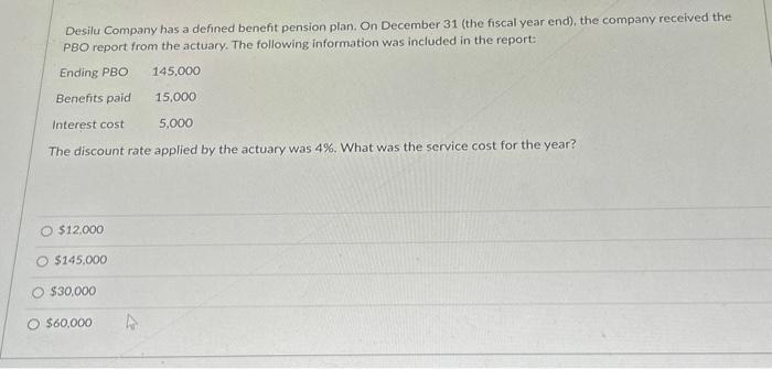 Desilu Company has a defined benefit pension plan. On December 31 (the fiscal year end), the company received