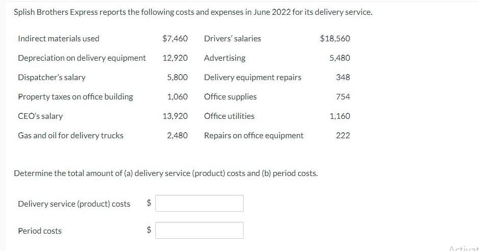 Splish Brothers Express reports the following costs and expenses in June 2022 for its delivery service.