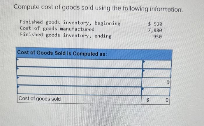 Compute cost of goods sold using the following information. Finished goods inventory, beginning Cost of goods