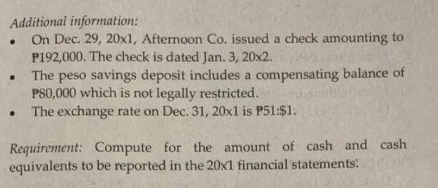 Additional information: On Dec. 29, 20x1, Afternoon Co. issued a check amounting to P192,000. The check is